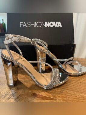 Fashion Nova Silver Crystal Strappy Block Heels